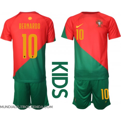 Camiseta Portugal Bernardo Silva #10 Primera Equipación Replica Mundial 2022 para niños mangas cortas (+ Pantalones cortos)